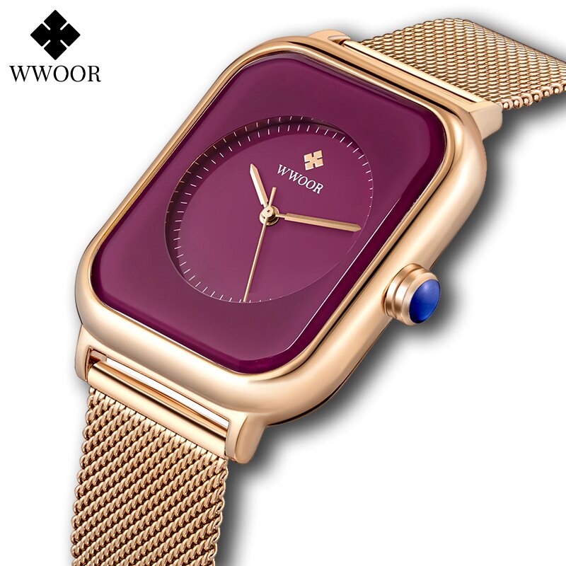 WWOOR Watches For Women 2022 Top Brand Luxury Purple Rectangle Quartz Wrist Watch Waterproof Steel Mesh Ladies Dress Watch Xfcs